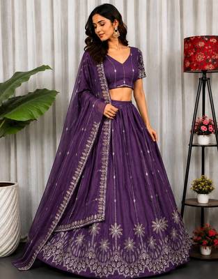Purple Silk Blend Semi Stitced Lehenga Choli with Thread & Sequence Work 1