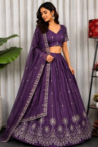 Purple Silk Blend Semi Stitced Lehenga Choli with Thread & Sequence Work