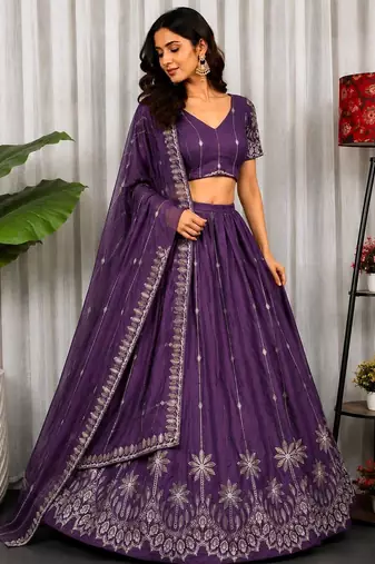 Purple Silk Blend Semi Stitced Lehenga Choli with Thread & Sequence Work