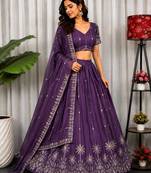Purple Silk Blend Semi Stitced Lehenga Choli with Thread & Sequence Work