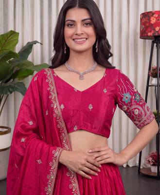 Pink Silk Blend Semi Stitced Lehenga Choli with Thread & Sequence Work 2