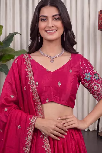 Pink Silk Blend Semi Stitced Lehenga Choli with Thread & Sequence Work