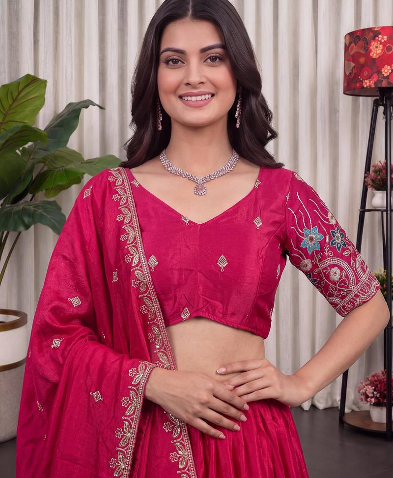 Pink Silk Blend Semi Stitced Lehenga Choli with Thread & Sequence Work