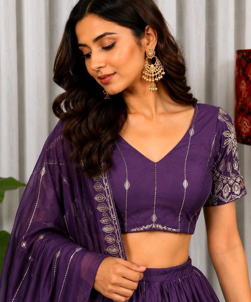 Purple Silk Blend Semi Stitced Lehenga Choli with Thread & Sequence Work