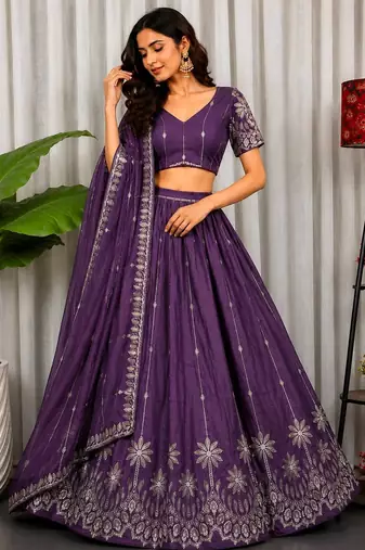 Purple Silk Blend Semi Stitced Lehenga Choli with Thread & Sequence Work