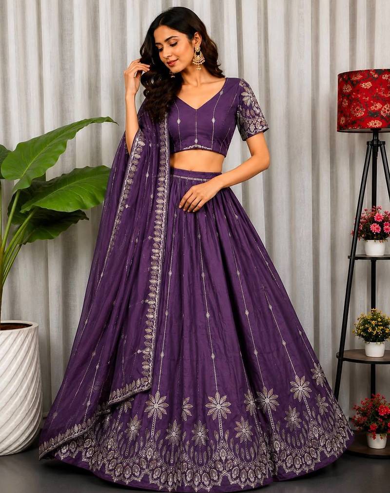 Purple Silk Blend Semi Stitced Lehenga Choli with Thread & Sequence Work