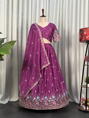 Mauve Silk Blend Semi Stitced Lehenga Choli with Thread & Sequence Work 4