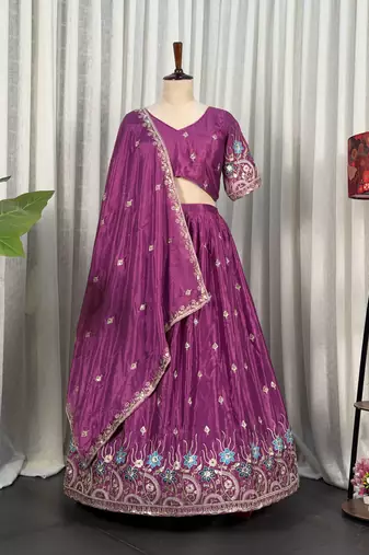 Mauve Silk Blend Semi Stitced Lehenga Choli with Thread & Sequence Work