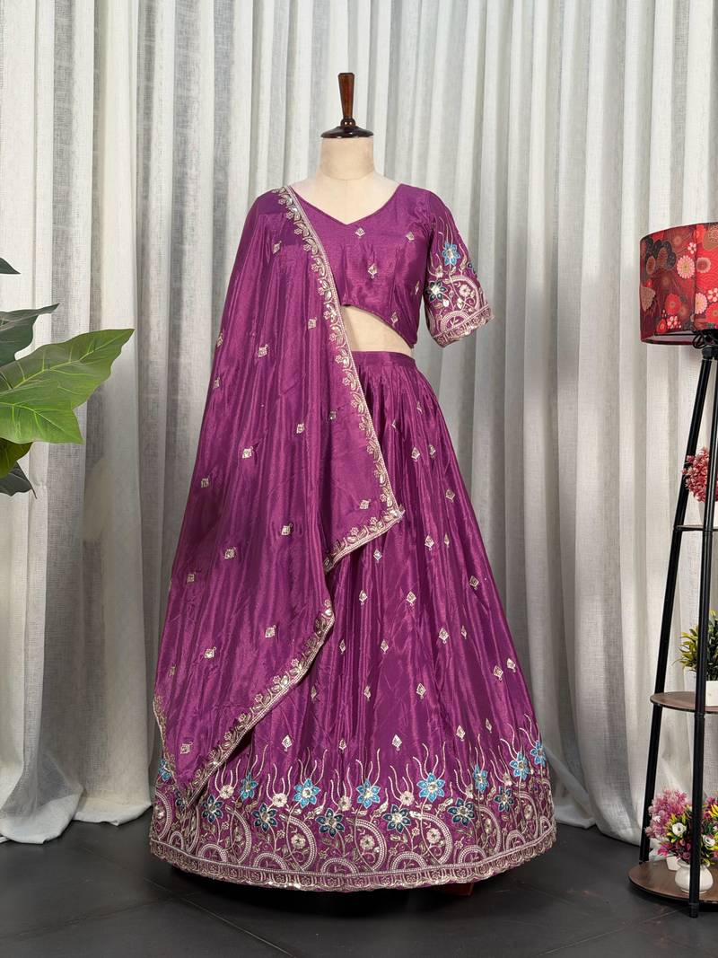 Mauve Silk Blend Semi Stitced Lehenga Choli with Thread & Sequence Work