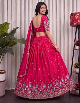 Pink Silk Blend Semi Stitced Lehenga Choli with Thread & Sequence Work 3