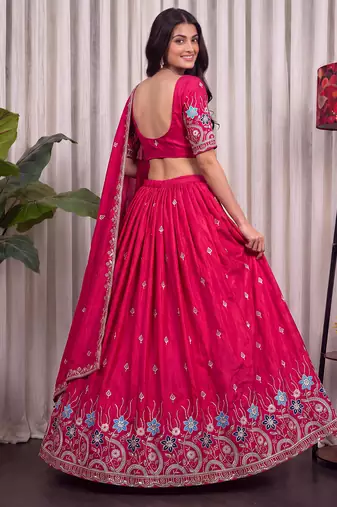Pink Silk Blend Semi Stitced Lehenga Choli with Thread & Sequence Work