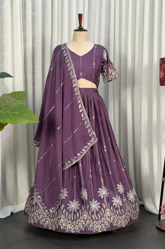 Purple Silk Blend Semi Stitced Lehenga Choli with Thread & Sequence Work