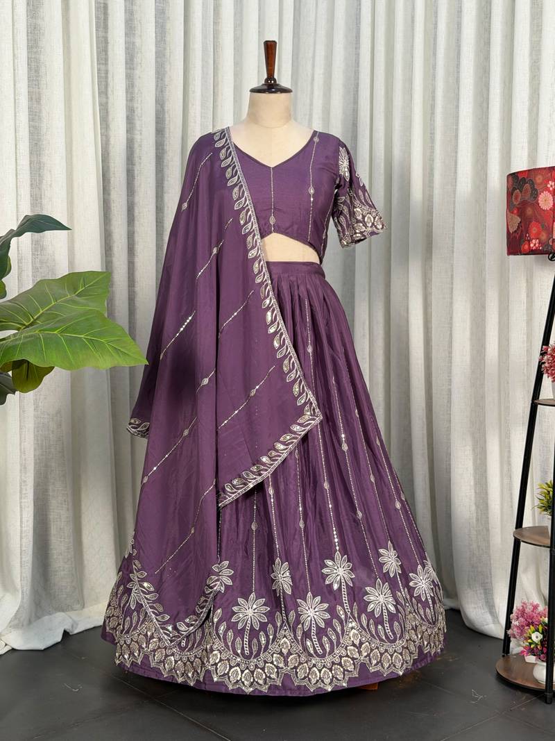 Purple Silk Blend Semi Stitced Lehenga Choli with Thread & Sequence Work