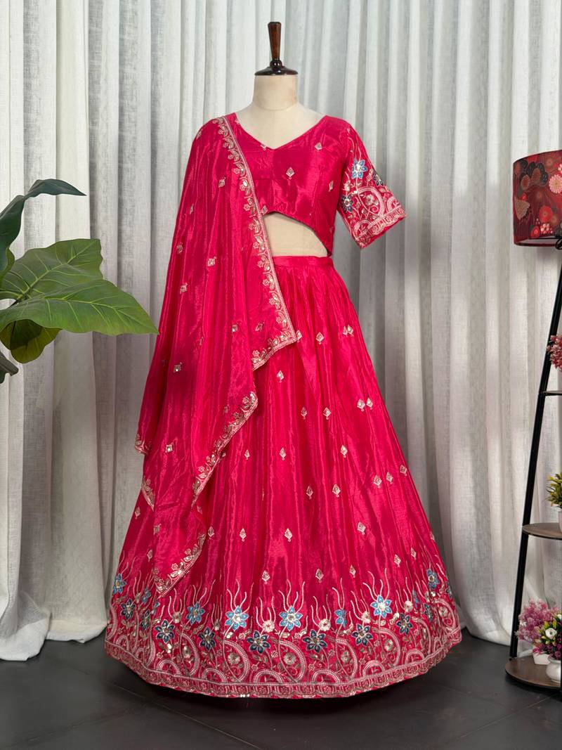 Pink Silk Blend Semi Stitced Lehenga Choli with Thread & Sequence Work