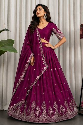 Magenta Silk Blend Semi Stitced Lehenga Choli with Thread & Sequence Work