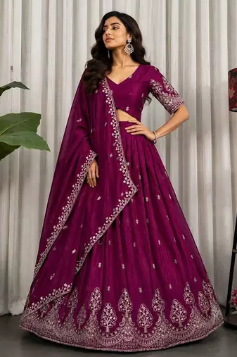 Magenta Silk Blend Semi Stitced Lehenga Choli with Thread & Sequence Work