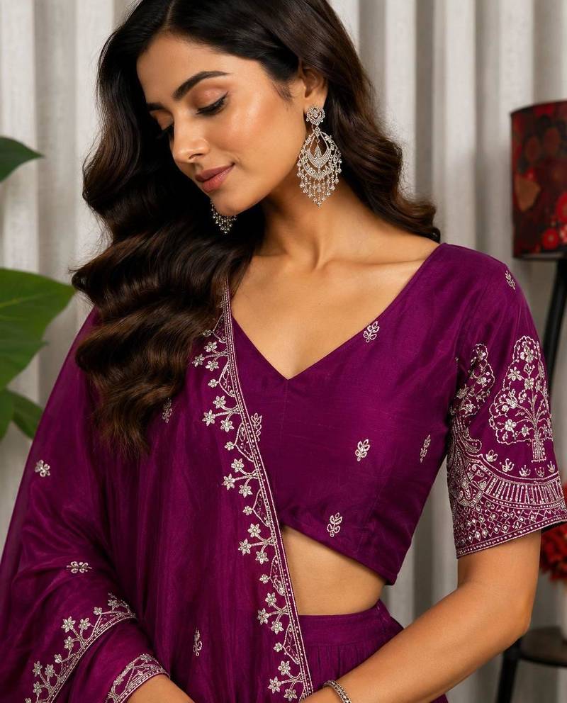 Magenta Silk Blend Semi Stitced Lehenga Choli with Thread & Sequence Work