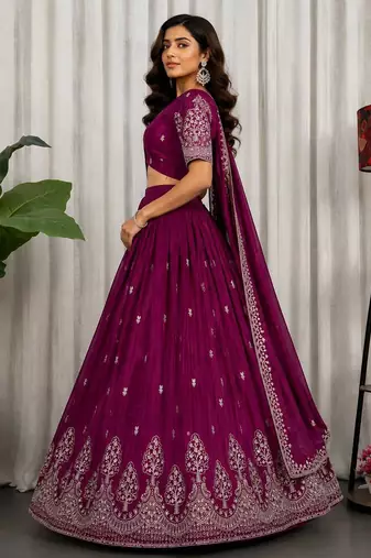 Magenta Silk Blend Semi Stitced Lehenga Choli with Thread & Sequence Work