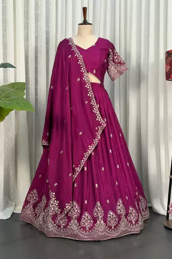 Magenta Silk Blend Semi Stitced Lehenga Choli with Thread & Sequence Work
