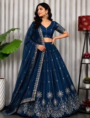 Navy Silk Blend Semi Stitced Lehenga Choli with Thread & Sequence Work 1