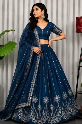 Navy Silk Blend Semi Stitced Lehenga Choli with Thread & Sequence Work