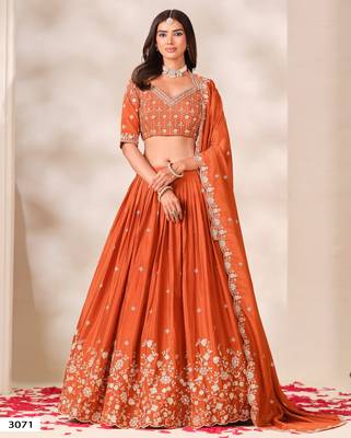 Orange Silk Blend Semi Stitced Lehenga Choli with Thread & Sequence Work 1