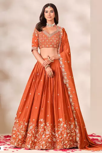 Orange Silk Blend Semi Stitced Lehenga Choli with Thread & Sequence Work