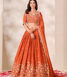 Orange Silk Blend Semi Stitced Lehenga Choli with Thread & Sequence Work
