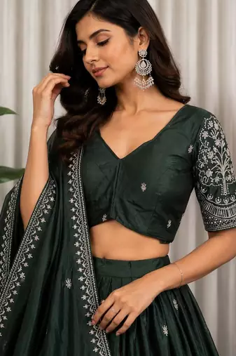 Emerald Silk Blend Semi Stitced Lehenga Choli with Thread & Sequence Work