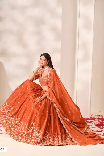 Orange Silk Blend Semi Stitced Lehenga Choli with Thread & Sequence Work