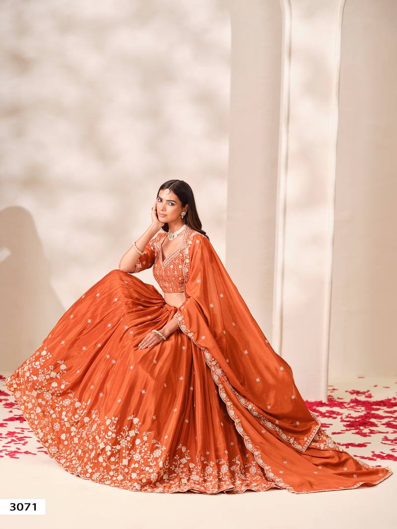 Orange Silk Blend Semi Stitced Lehenga Choli with Thread & Sequence Work