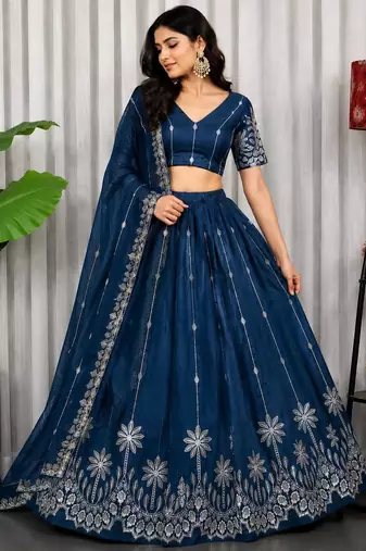 Navy Silk Blend Semi Stitced Lehenga Choli with Thread & Sequence Work