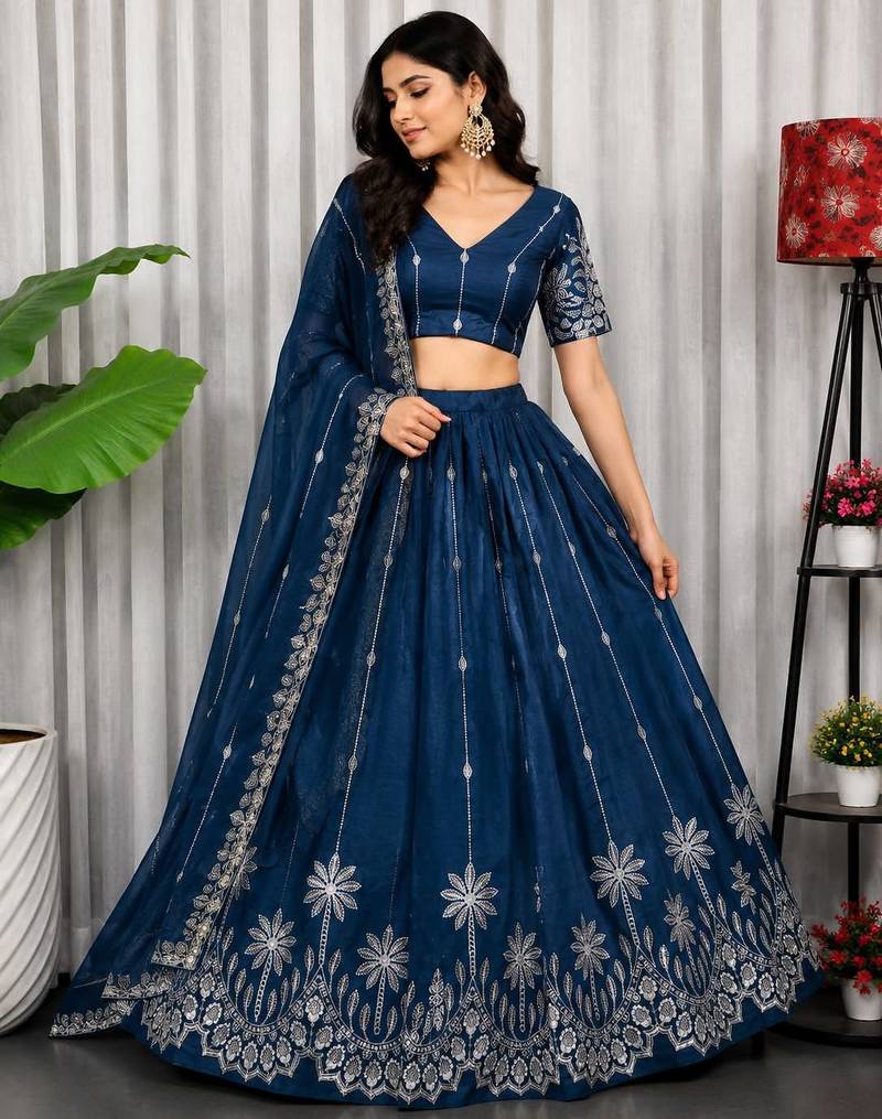 Navy Silk Blend Semi Stitced Lehenga Choli with Thread & Sequence Work