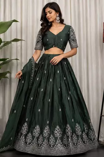 Emerald Silk Blend Semi Stitced Lehenga Choli with Thread & Sequence Work