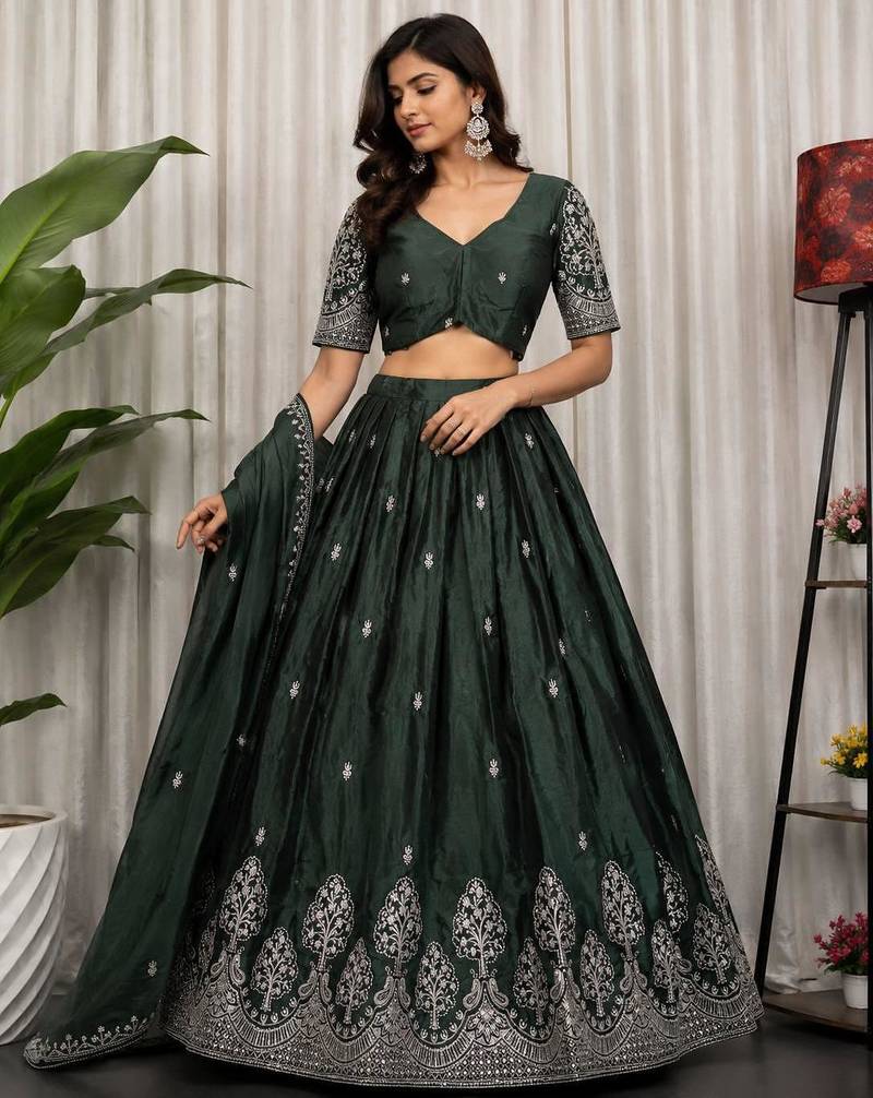 Emerald Silk Blend Semi Stitced Lehenga Choli with Thread & Sequence Work
