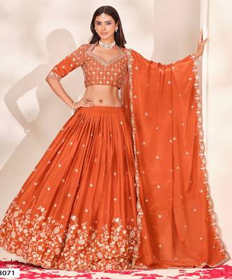 Orange Silk Blend Semi Stitced Lehenga Choli with Thread & Sequence Work 3