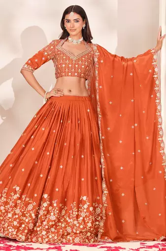Orange Silk Blend Semi Stitced Lehenga Choli with Thread & Sequence Work