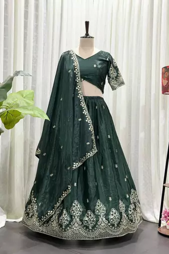 Emerald Silk Blend Semi Stitced Lehenga Choli with Thread & Sequence Work