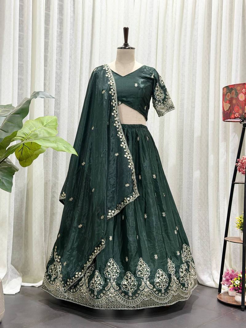 Emerald Silk Blend Semi Stitced Lehenga Choli with Thread & Sequence Work