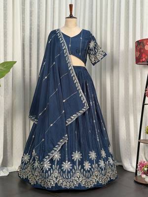 Navy Silk Blend Semi Stitced Lehenga Choli with Thread & Sequence Work 4
