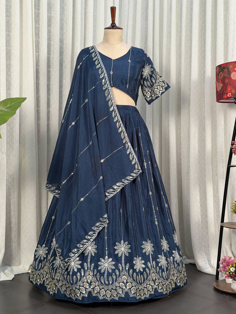 Navy Silk Blend Semi Stitced Lehenga Choli with Thread & Sequence Work
