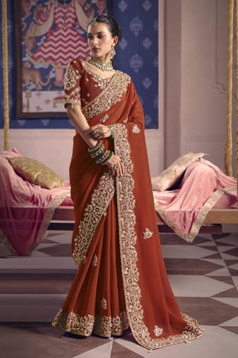 rust viscose zari tissue heavy embroidery designer saree