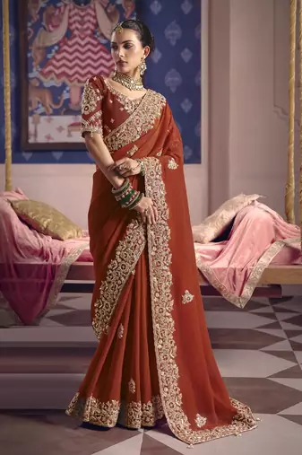 rust viscose zari tissue heavy embroidery designer saree