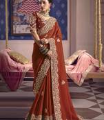 rust viscose zari tissue heavy embroidery designer saree