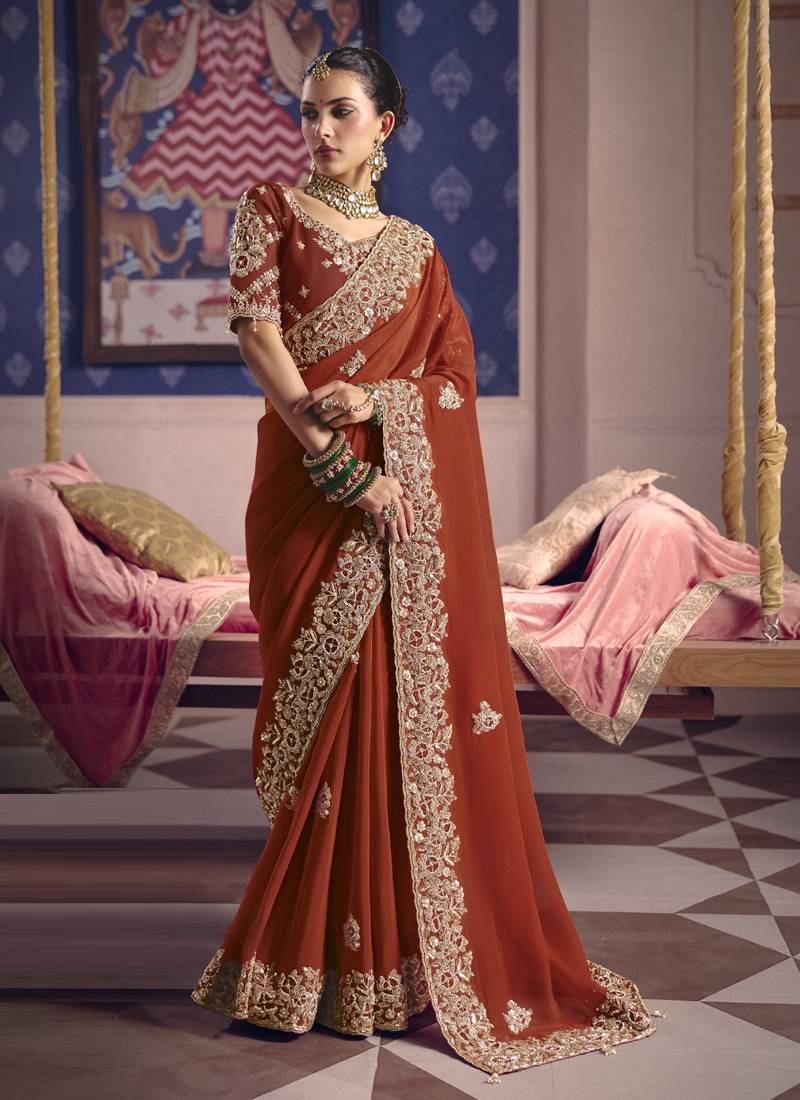 rust viscose zari tissue heavy embroidery designer saree