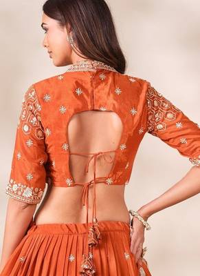 Orange Silk Blend Semi Stitced Lehenga Choli with Thread & Sequence Work 4