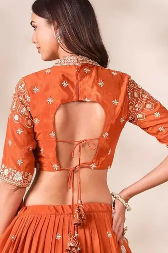 Orange Silk Blend Semi Stitced Lehenga Choli with Thread & Sequence Work