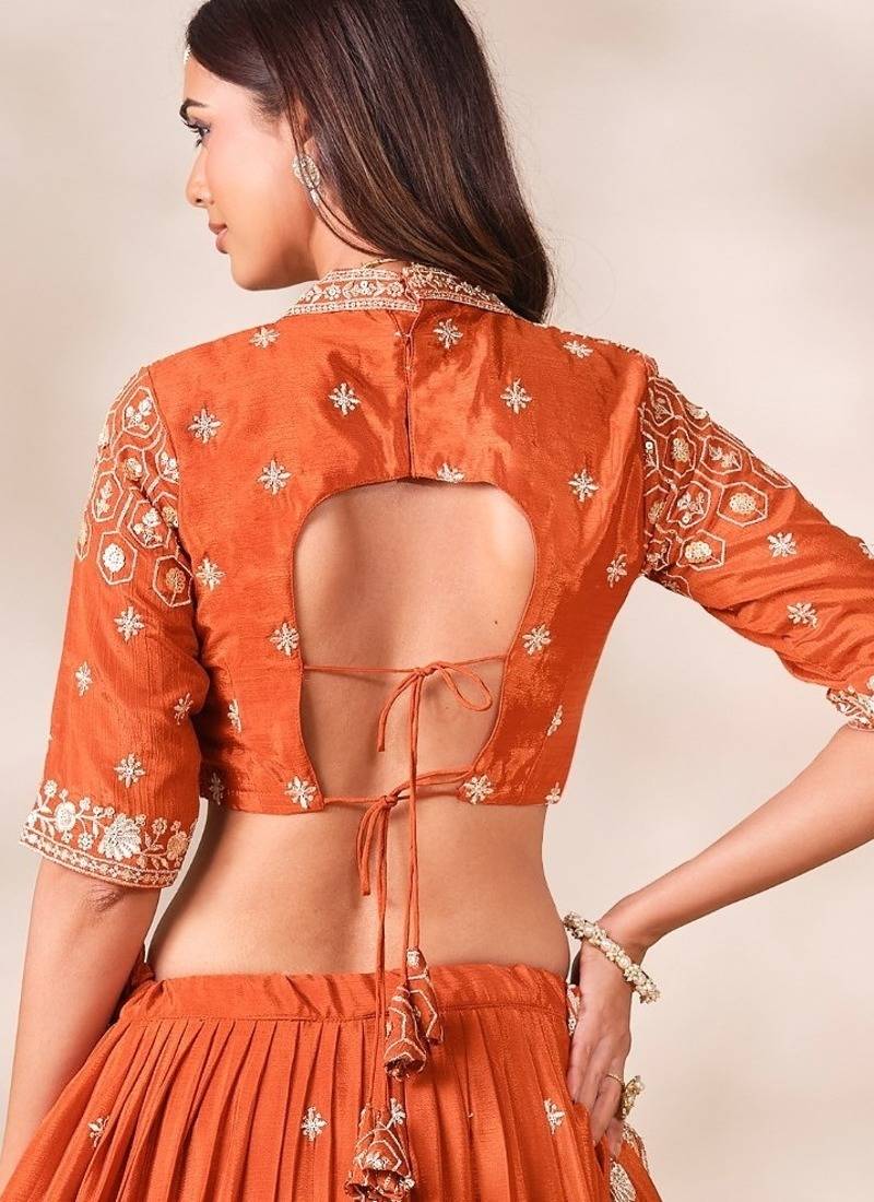 Orange Silk Blend Semi Stitced Lehenga Choli with Thread & Sequence Work