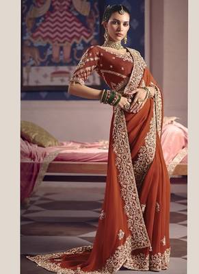 rust viscose zari tissue heavy embroidery designer saree 2