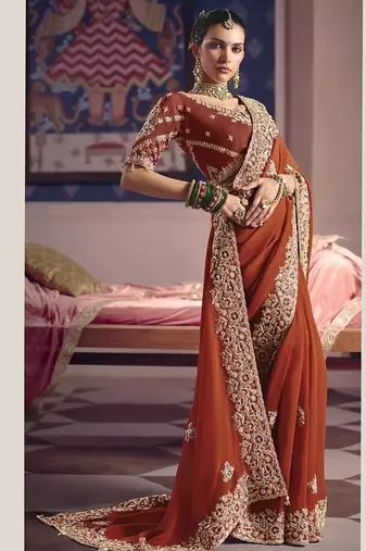 rust viscose zari tissue heavy embroidery designer saree